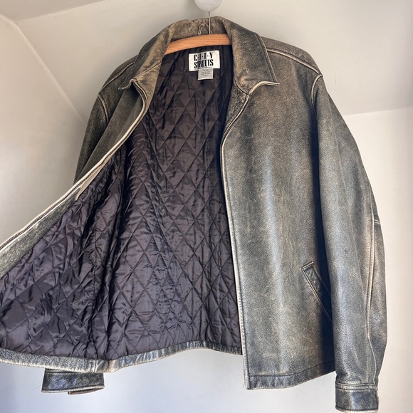 Vintage Worn Leather Bomber Jacket Brown Faded Distressed Oversized Biker Coat - Picture 8 of 9